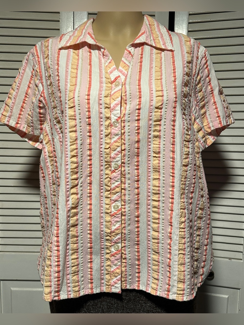 Seersucker Striped Short Sleeve Button Up Blouse Croft Barrow Women’s XL